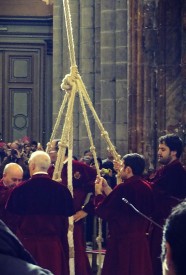 It takes six people to hoist the botafumiero and swing it across the church.